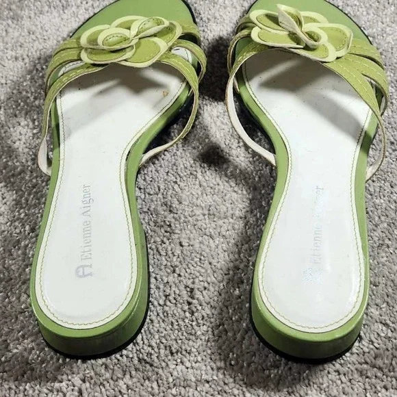 Etienne Aigner Helga Sandals Green Leather Floral Slide Low Block Heel Womens 7 - Picture 5 of 10